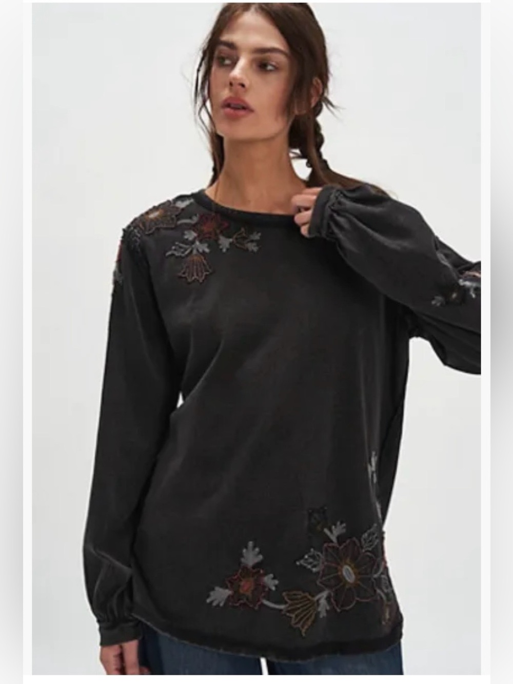 Free People Womenâs Violet Vines Floral Embroidery Puff Long Sleeves Size Large
